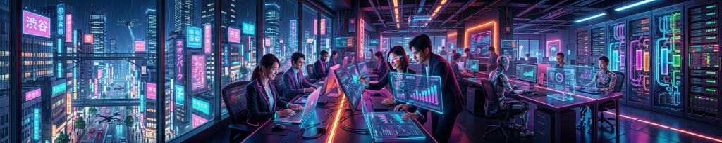 Office workers analyzing data with holographic charts and futuristic technology
